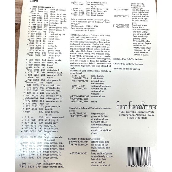 Bob Timberlake Ripe Watermelon Cross Stitch Chart By Just CrossStitch - Picture 3 of 4